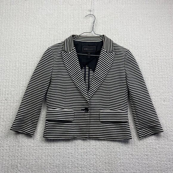BCBG Maxazria Women Black / White Striped Blazer Jacket Size Small Preppy Glam - Picture 1 of 14